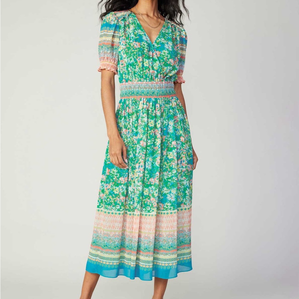 Current Air Green Floral Midi Dress with Pink Accents